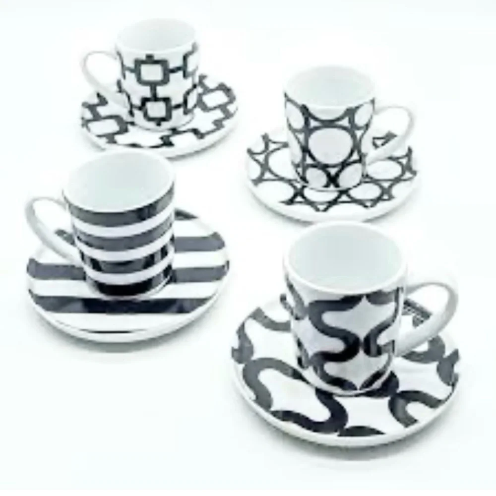 Crate & Barrel 8 Piece Geometric Demitasse Coffee Espresso Cups & Saucers Y2K